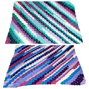 Handmade C2C Baby Crochet Afghan Blankets 30x30 Lot 2 Green Purple Blue White